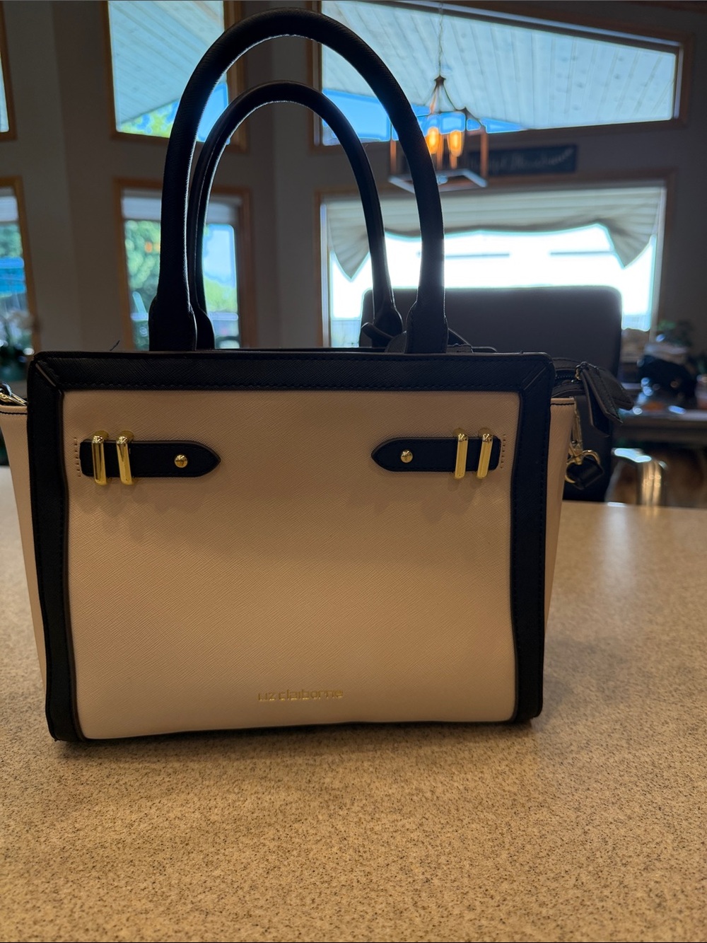 Liz Claiborne Black & Cream Saffiano Leather Satchel